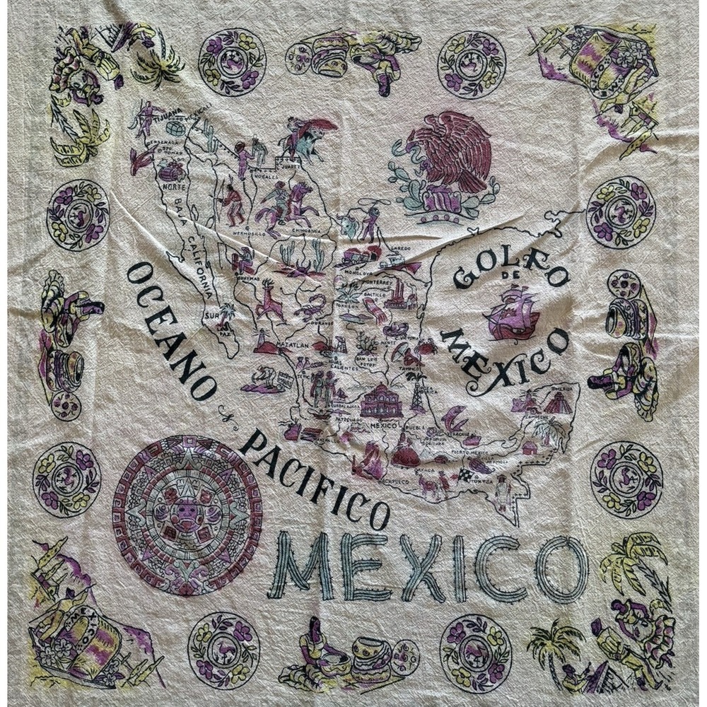 Vintage Mexico Souvenir Tablecloth Map 50x54.5 MCM Wall Hanging Landmarks 1950s‎